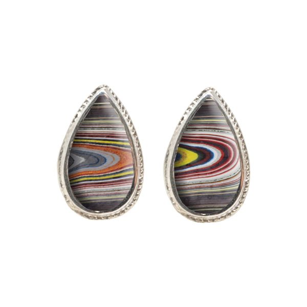 White Gold Fordite Stud Earrings