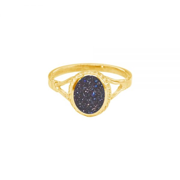 Yellow Gold Blue Goldstone Oval Ring