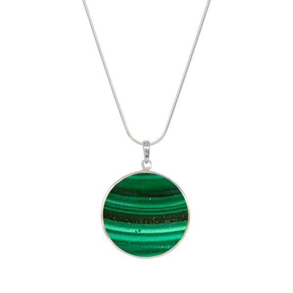 White Gold Malachite Round Double Sided Tree of Life Pendant