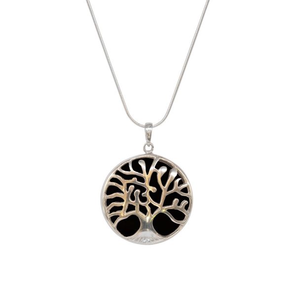 White Gold Whitby Jet Round Double Sided Tree of Life Pendant