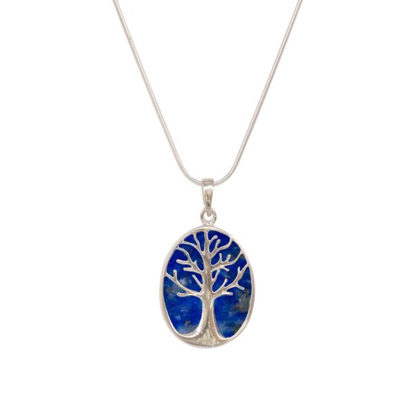 White Gold Lapis Oval Double Sided Tree of Life Pendant