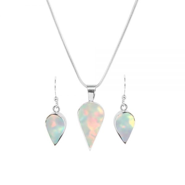 White Gold Opalite Sun Ice Pendant and Earrings Set